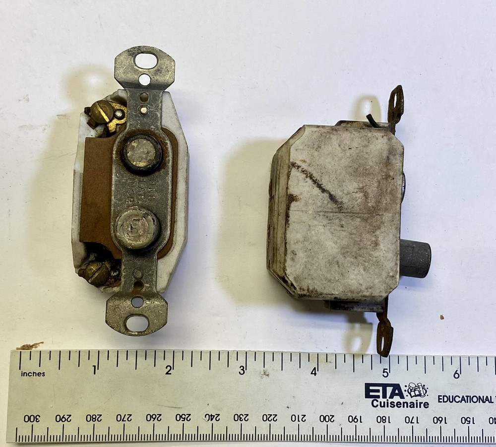 2 VINTAGE PUSH BUTTON ELECTRICAL LIGHT SWITCHES + RARE CAST IRON WALL MOUNTS