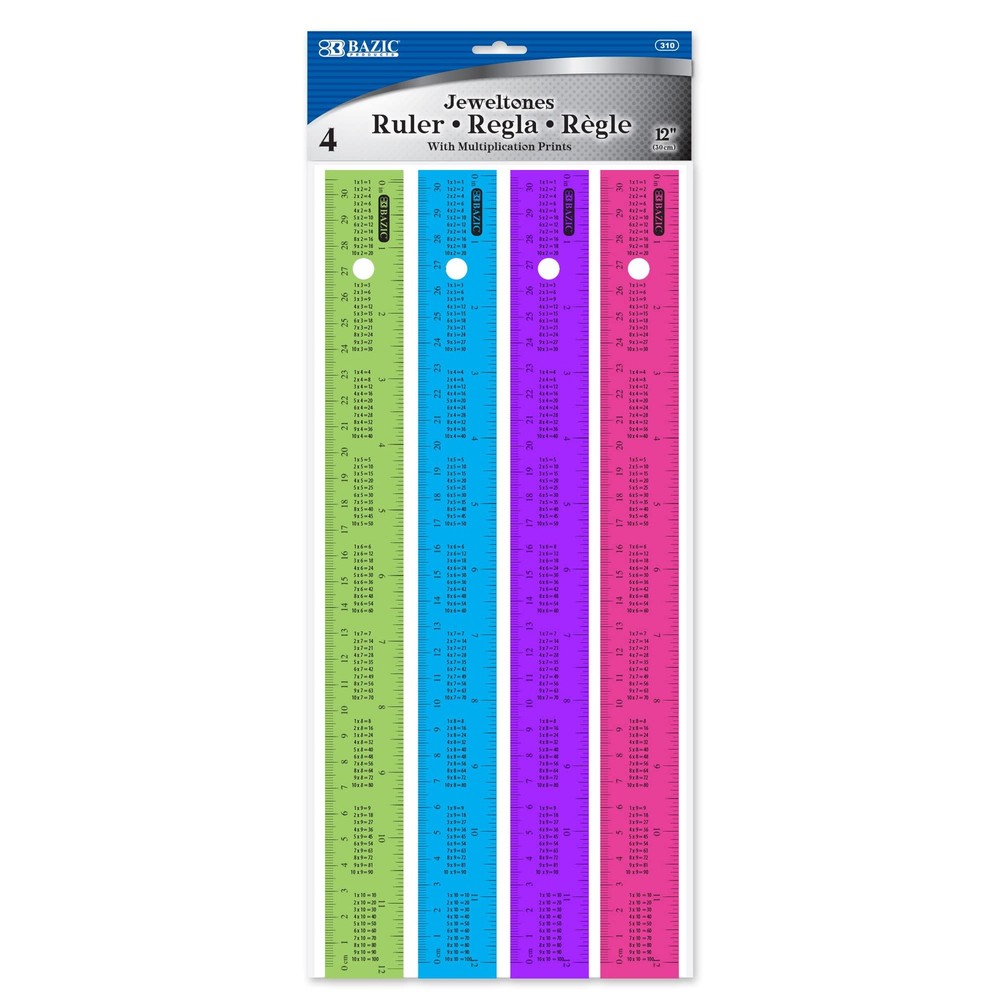 BAZIC 12" (30cm) Ruler w/ Multiplication Prints (4/Pack)