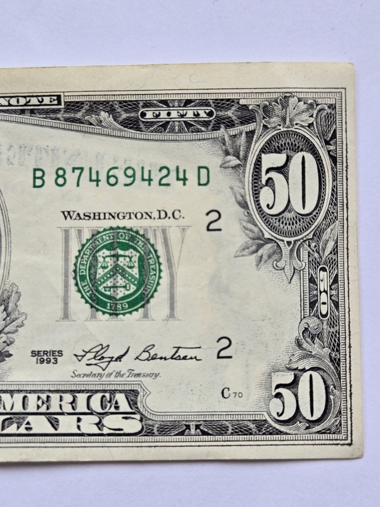 1993 $50 Dollar Bill Error Bleed Through Both Sides Paper Money MISALIGNMENT