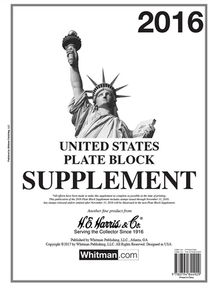 H E Harris US PLATE BLOCK Supplement for Stamp issued in 2016