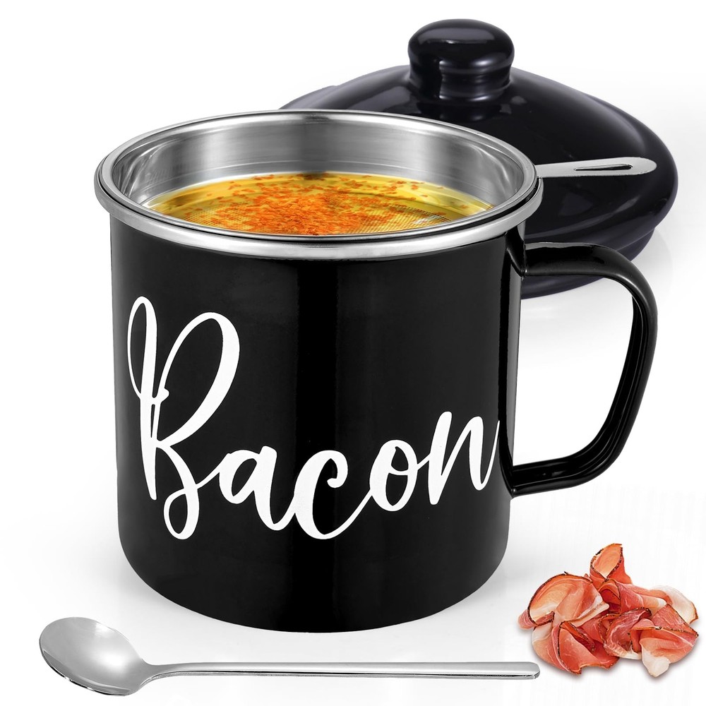 Bacon Grease Container with Strainer - Mini 15oz Enamel Grease Container, Far...