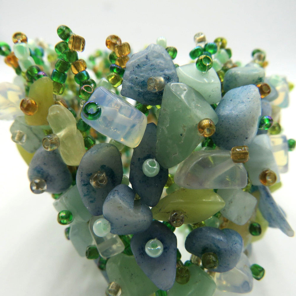 Beaded Stone Chip Wide Cuff Bracelet Green Blue Boho Chunky Statement