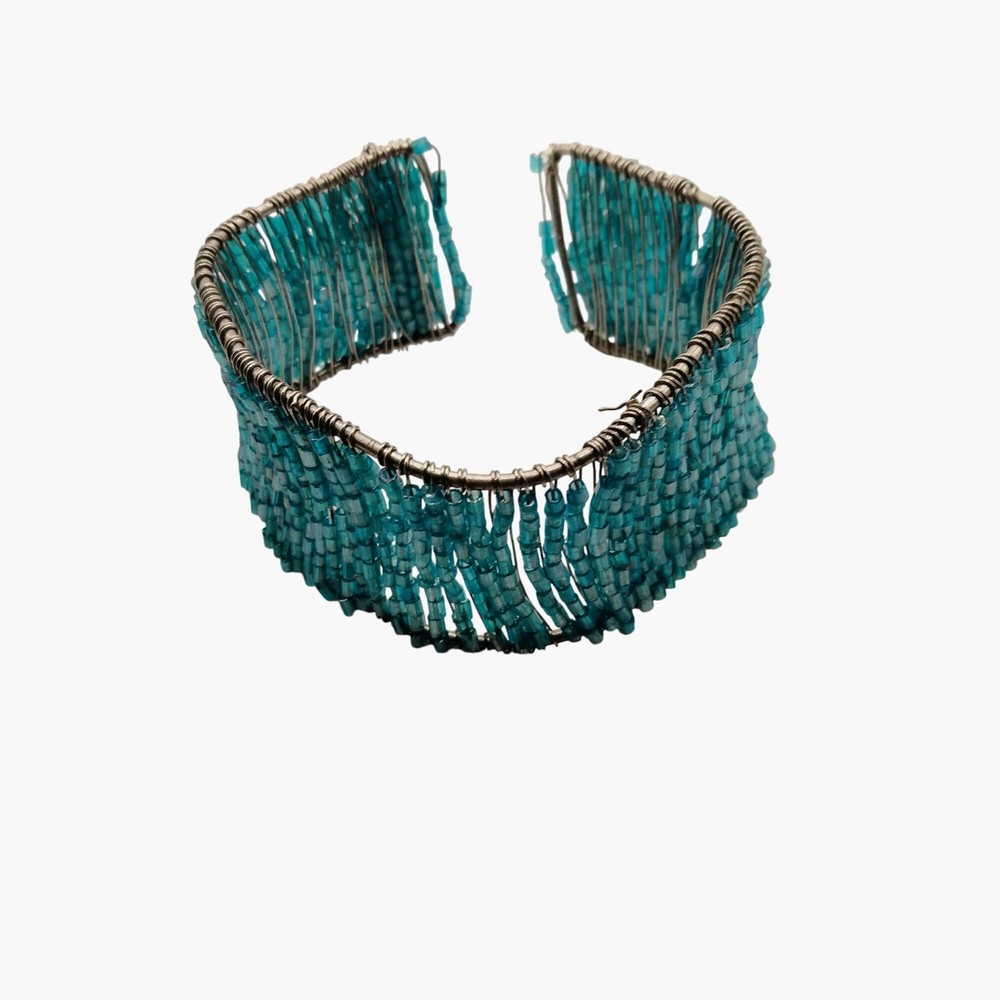 Beaded Cuff Bracelet Handcrafted Wire Wrapped Turquoise Adjustable Open Boho