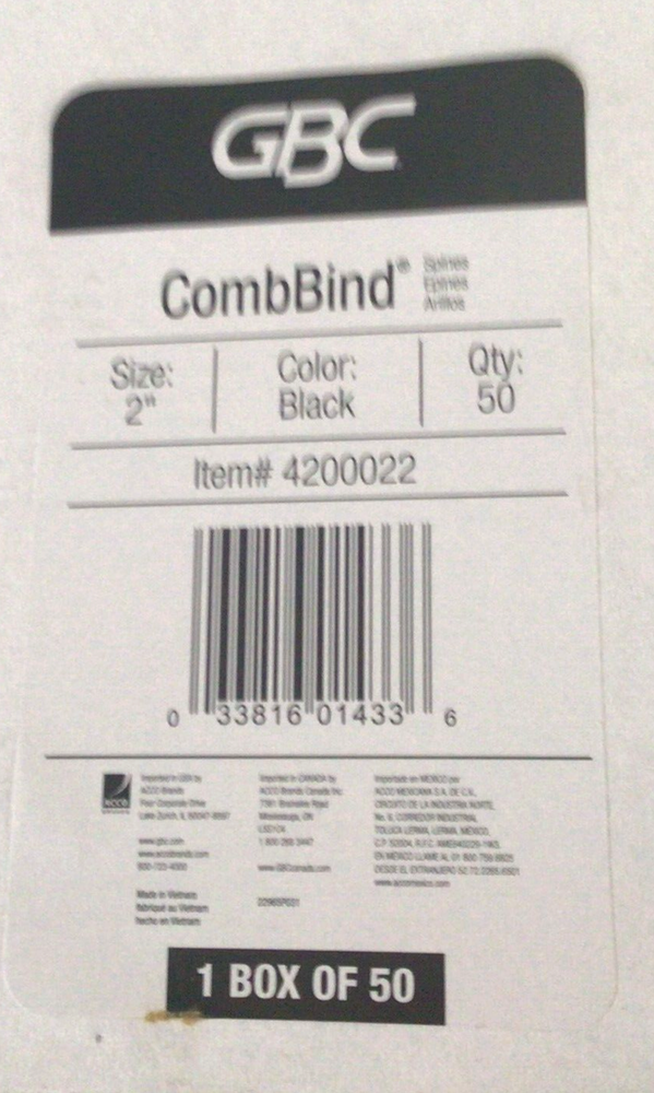 Open Box Listed as 50 - GBC CombBind Black Spines 2" Diameter 420002