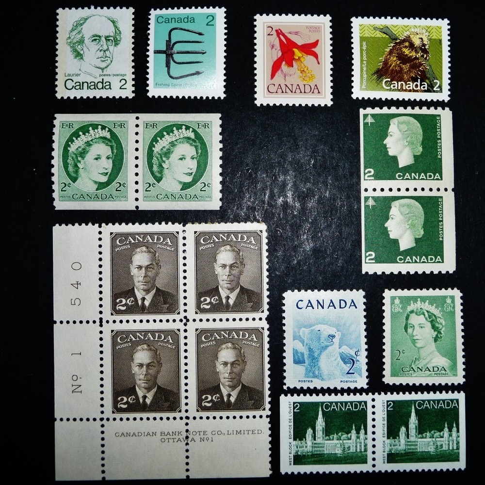 16 Canada 2 Cent Stamps, 10 Different Mostly Early