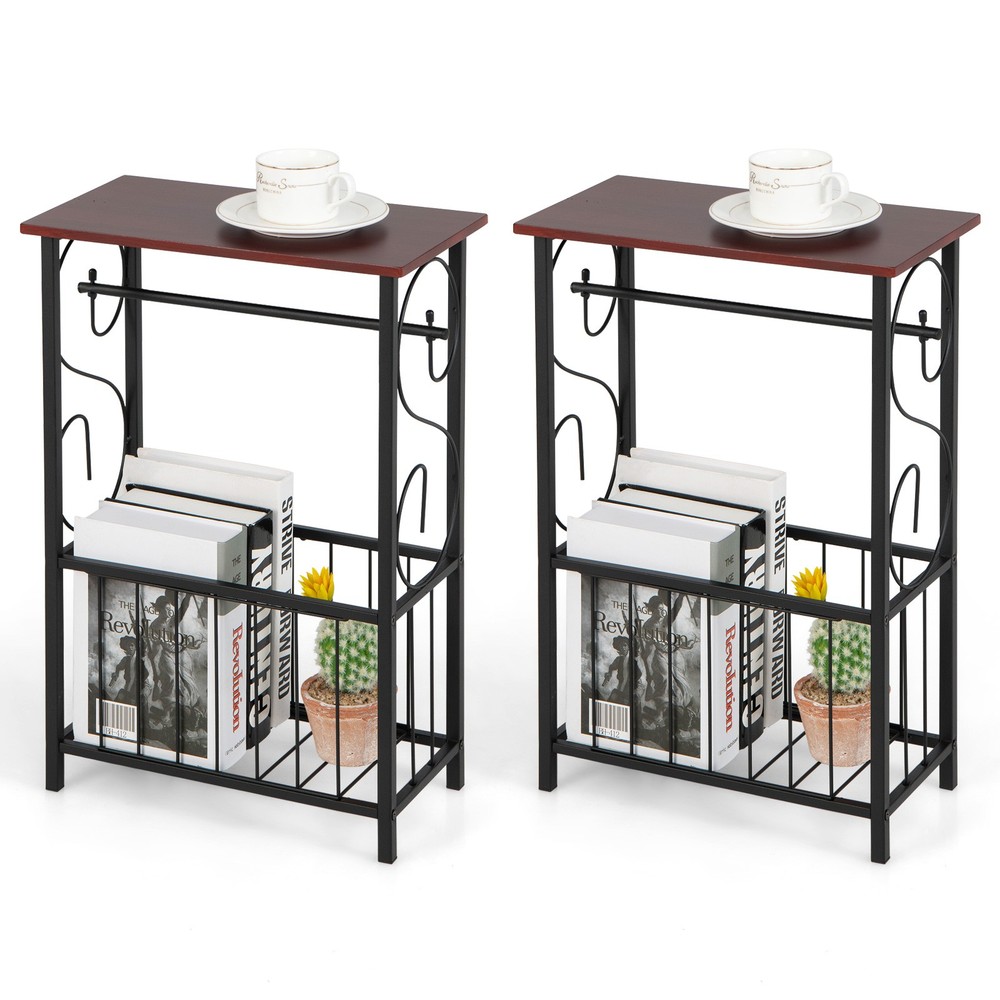 2 PCS Side Table End Table w/ Removable Hanging Rack & Bottom Storage Basket
