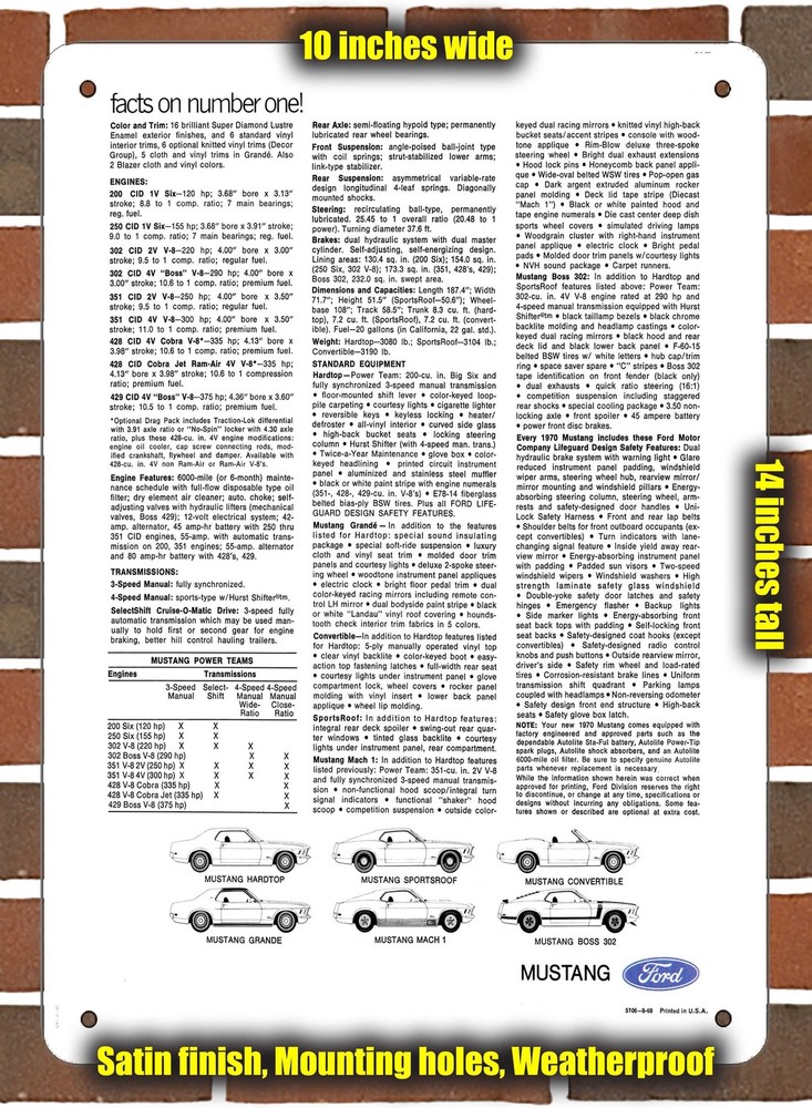 Metal Sign - 1970 Ford Mustang (Sign Variant #9)