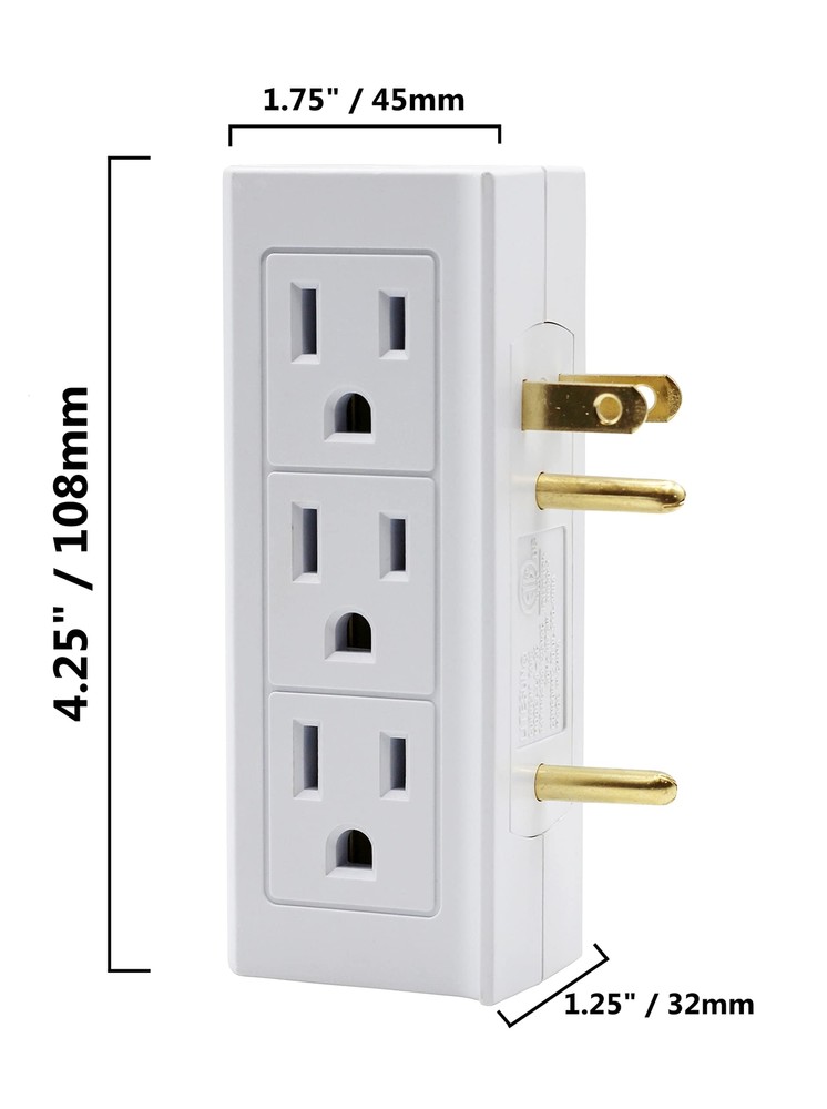 6 Outlet Vertical Extender Wall Tap - Split 2 Outlets Into 6 Grounded with Si...