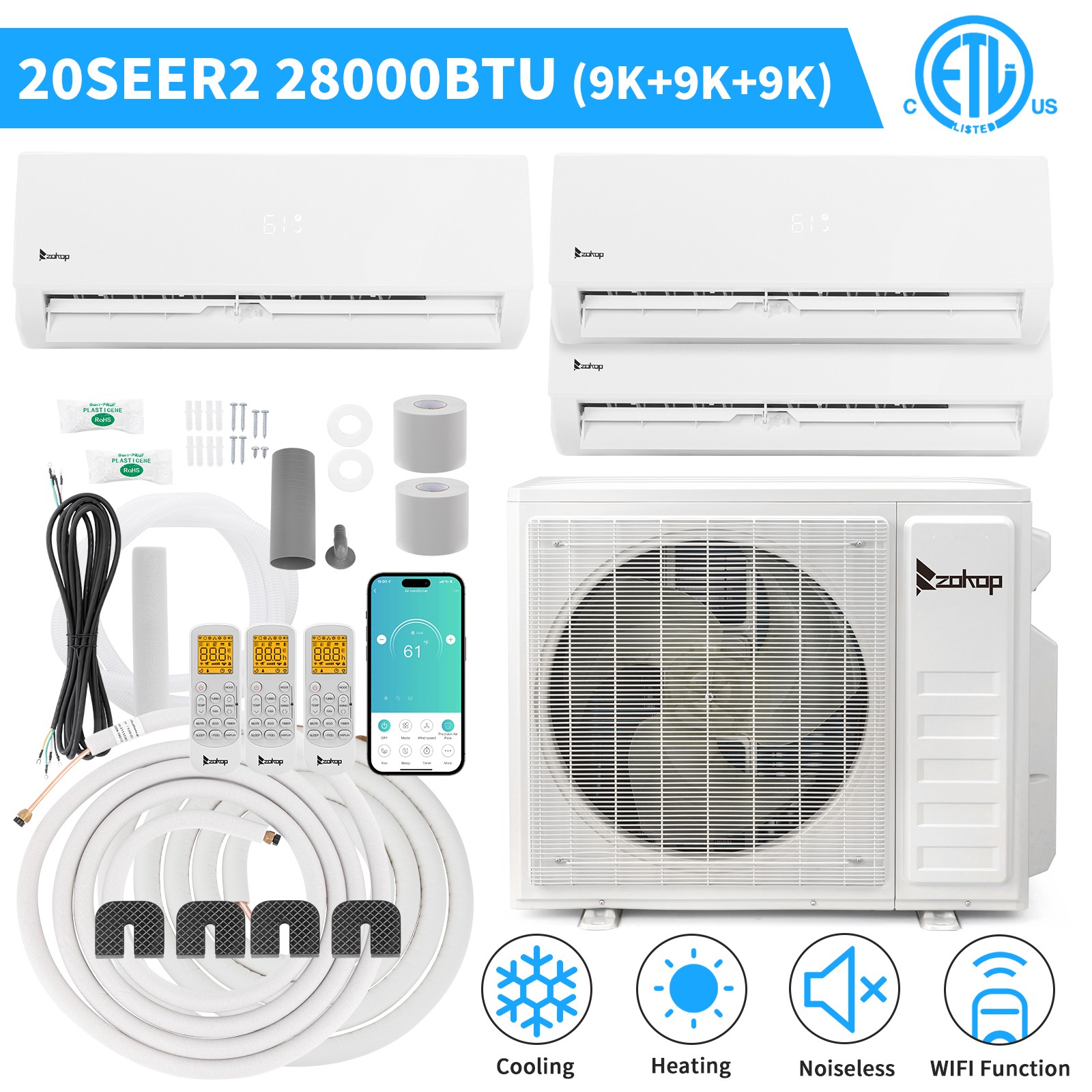 28000 BTU Tri Zone Ductless Mini Split Air Conditioner & Heat Pump -20 SEER,Wifi