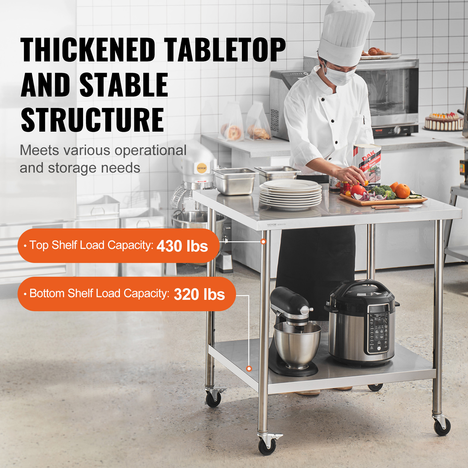 VEVOR Stainless Steel Work Table Commercial Prep Table 24x36 Inch With 4 Casters