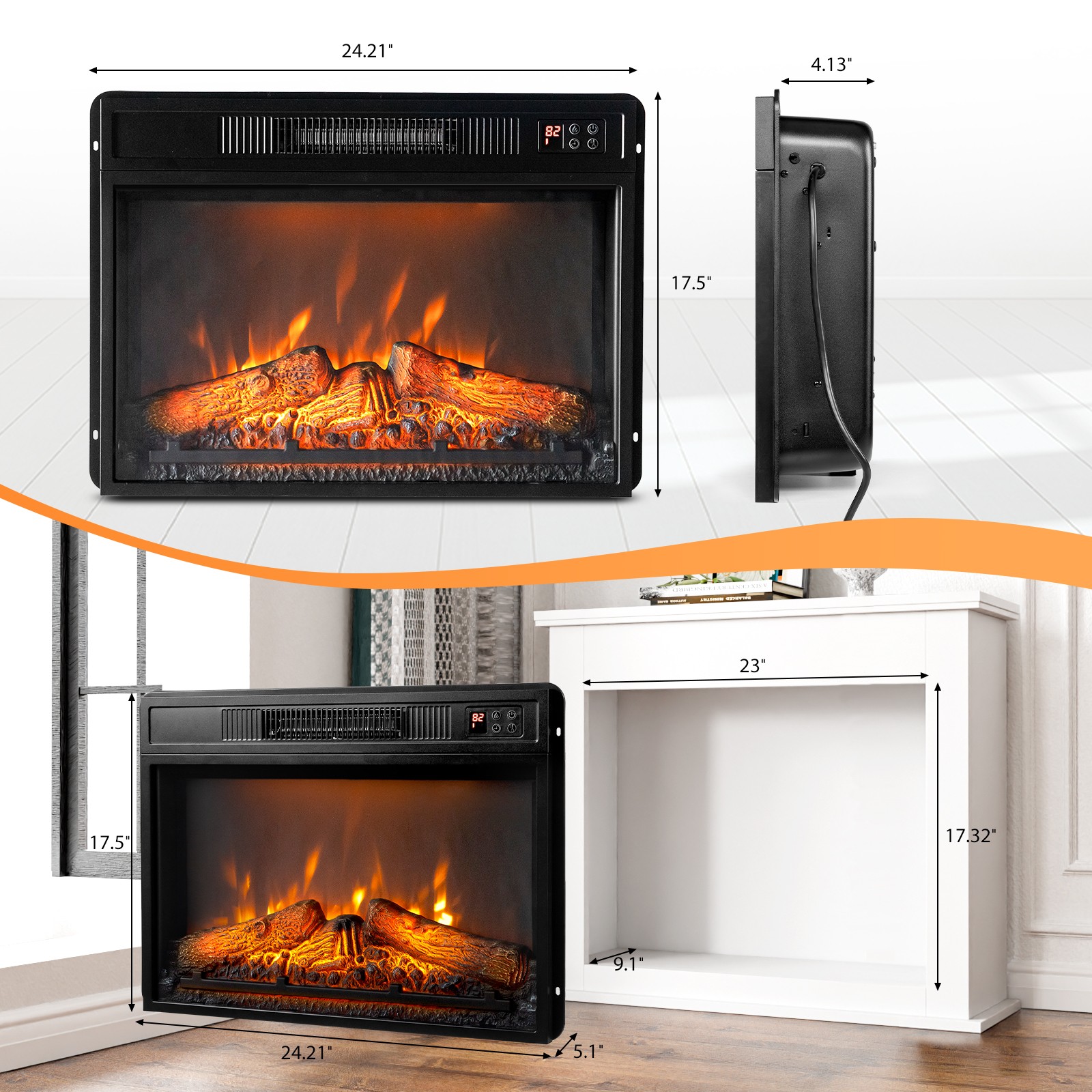 23" Embedded Electric Fireplace Insert Heater 6 Colors Realistic Flame Remote