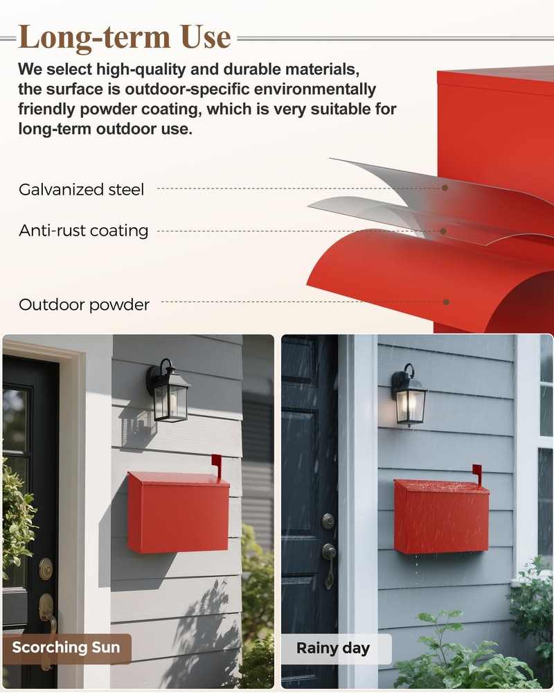 Red Wall Mount Mailbox Large Capacity Rust Proof Post Box 10.5x4.3x14.2