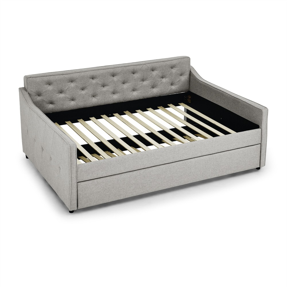 Full Size Daybed with Pull Out Trundle Bed Linen Upholstered Bed Frame Sofa Bed