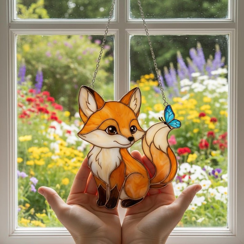 Fox with Blue Butterfly Acrylic Suncatcher