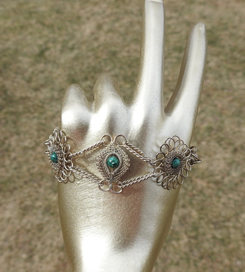 Vintage Malachite Silver Wire Ornate Filigree Silver Plate Bracelet 7 1/2"