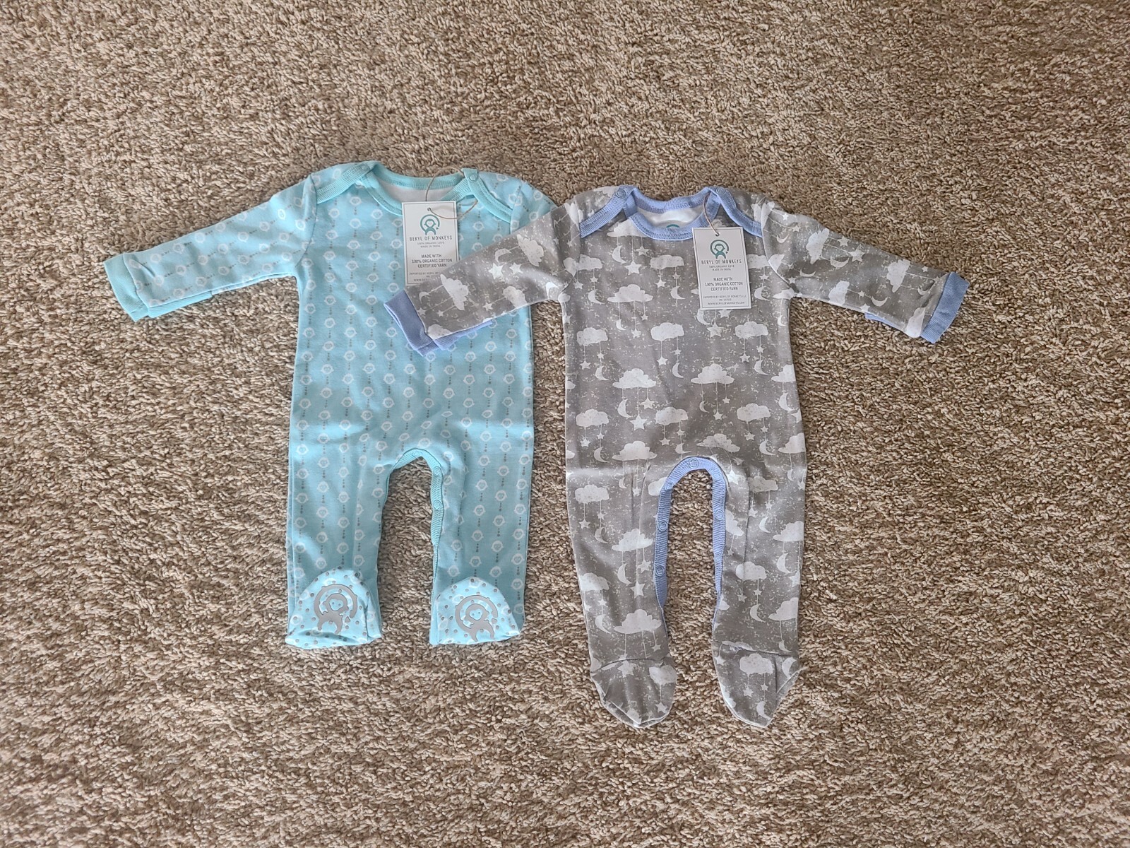 Baby Sleepers Set of 2 NWT 100% Organic Cotton 0-3 Months FREE SHIPPING