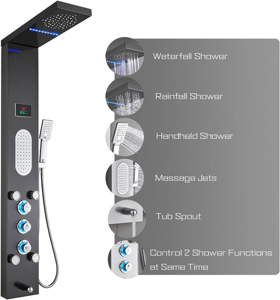 ELLO&ALLO LED Shower Panel Tower, Rainfall/Mist Head Rain Massage, Brushed Black