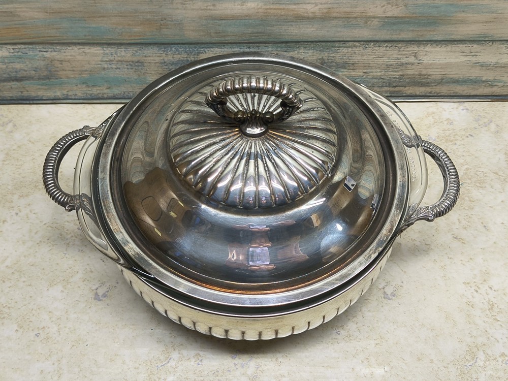Silverplate round foote casserole dish with original Pyrex liner