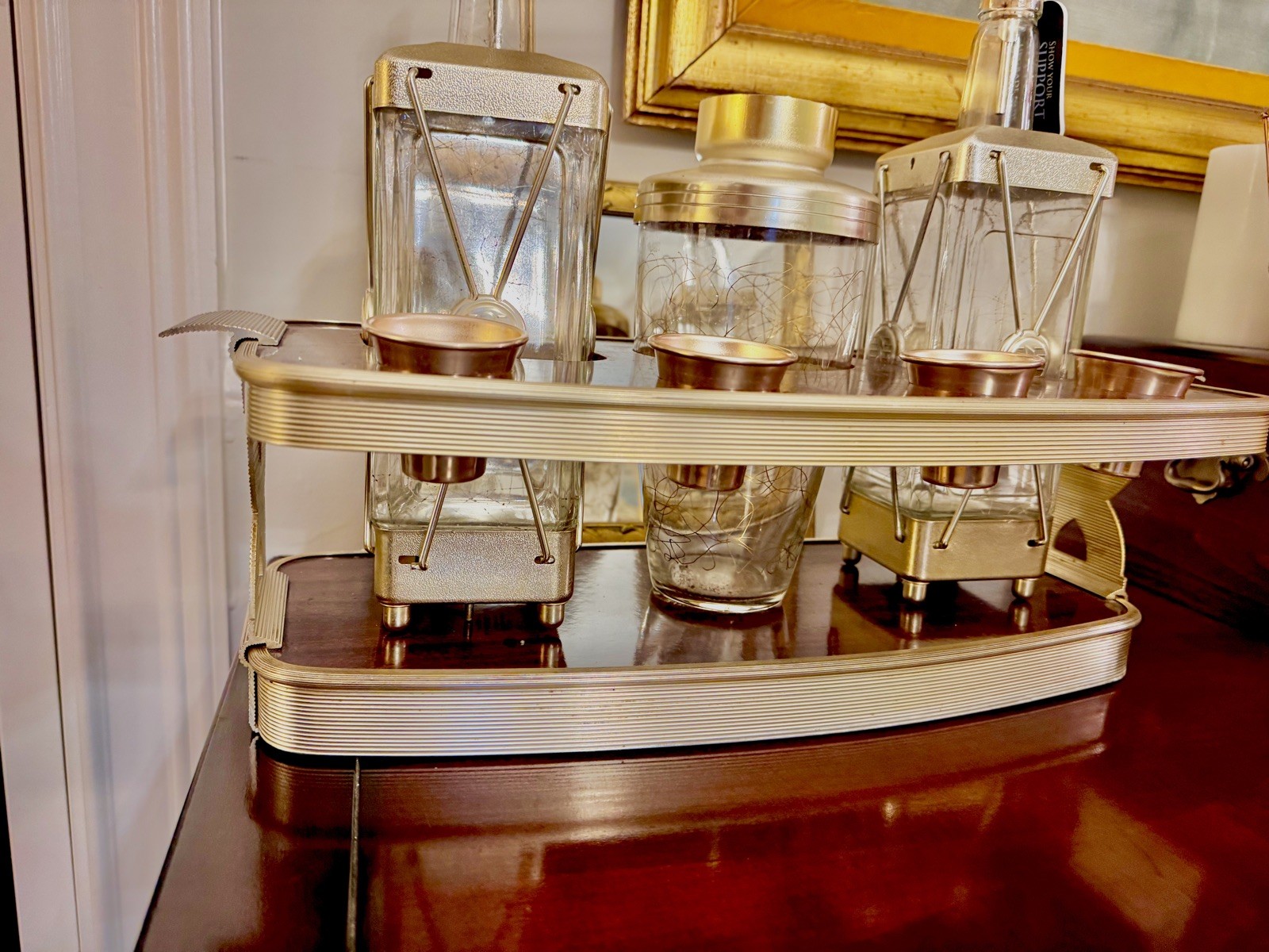 Epic Vintage MidCentury Wood/Brass Bar Set w Glassware & Caddy Don Draper / Bond