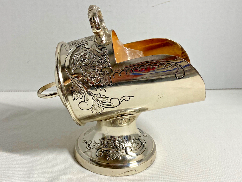 Vintage Silver Plate Ornate Floral Etching Pedestal Sugar Scoop Scuttle W/Scoop