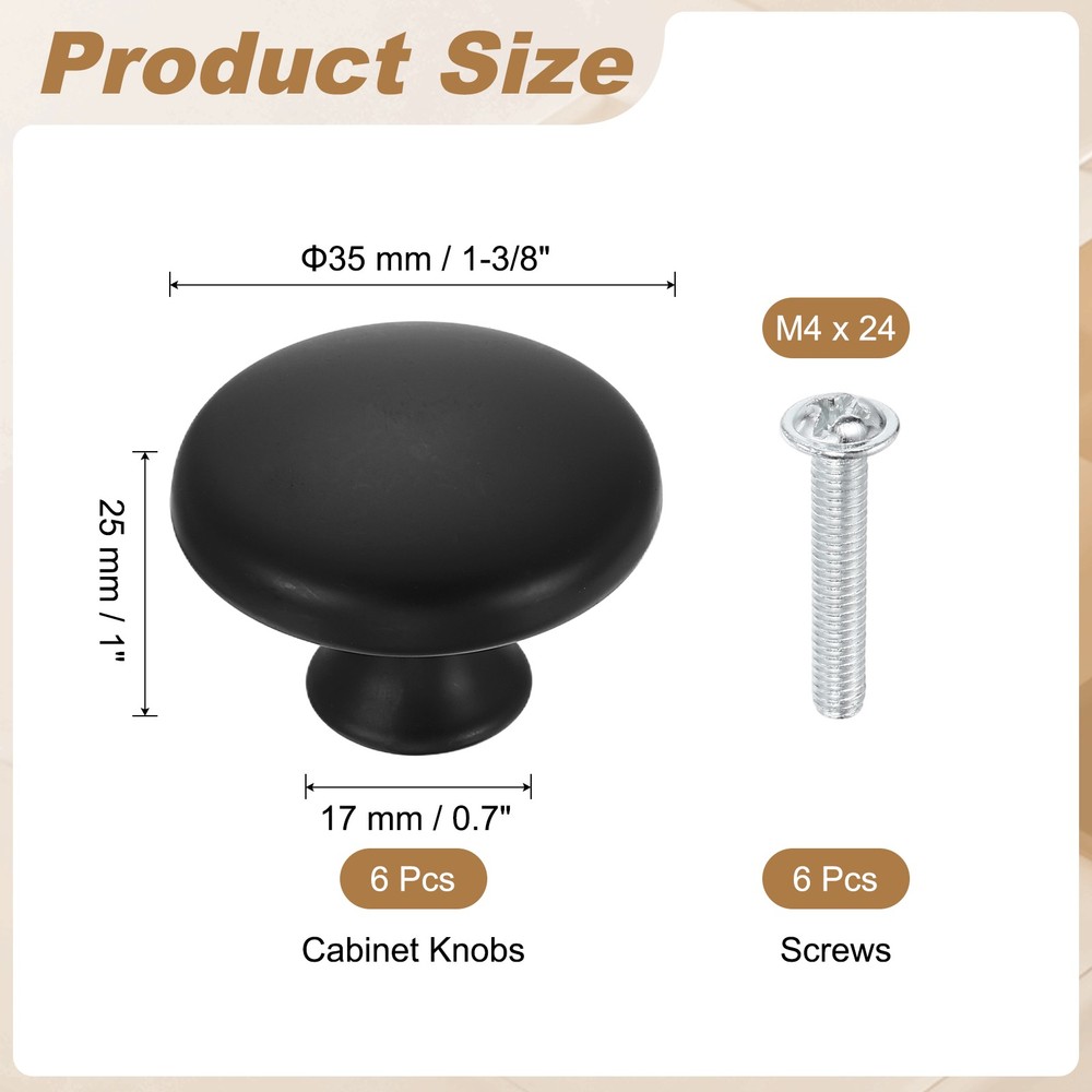6 Pcs Cabinet Knobs, 1-3/8" (35mm) Diameter Knob for Kitchen, Matte Black