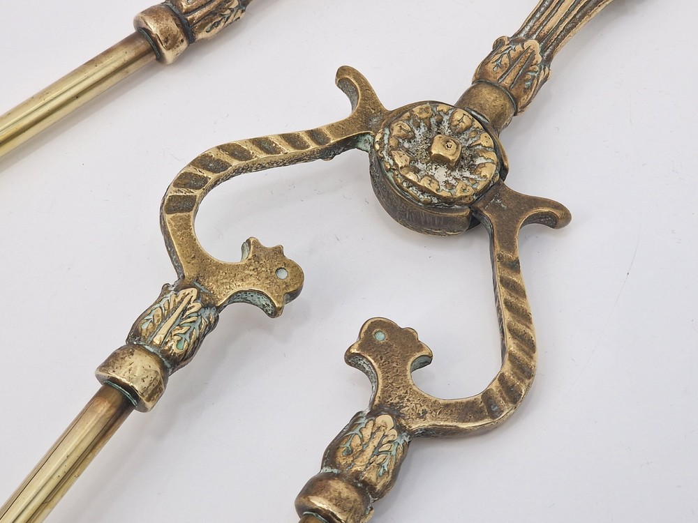 Antique Solid Brass Fire Irons Tools - Tongs & Shovel
