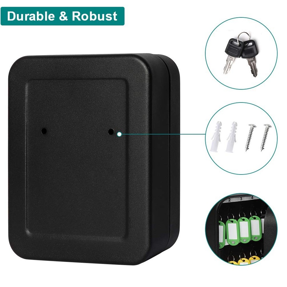 Security Metal Key Box with 20 Hooks Wall Mount Key Lock Box Organizer Black