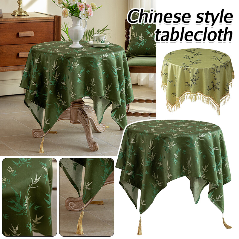 ChineseStyle Luxury Green Bamboo Pattern Classical Tablecloth Round Table Cover.