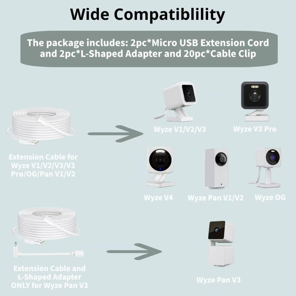 Micro USB Camera Extension Cable for Wyze, [2-Pack, 30ft] Power Extension Cor...