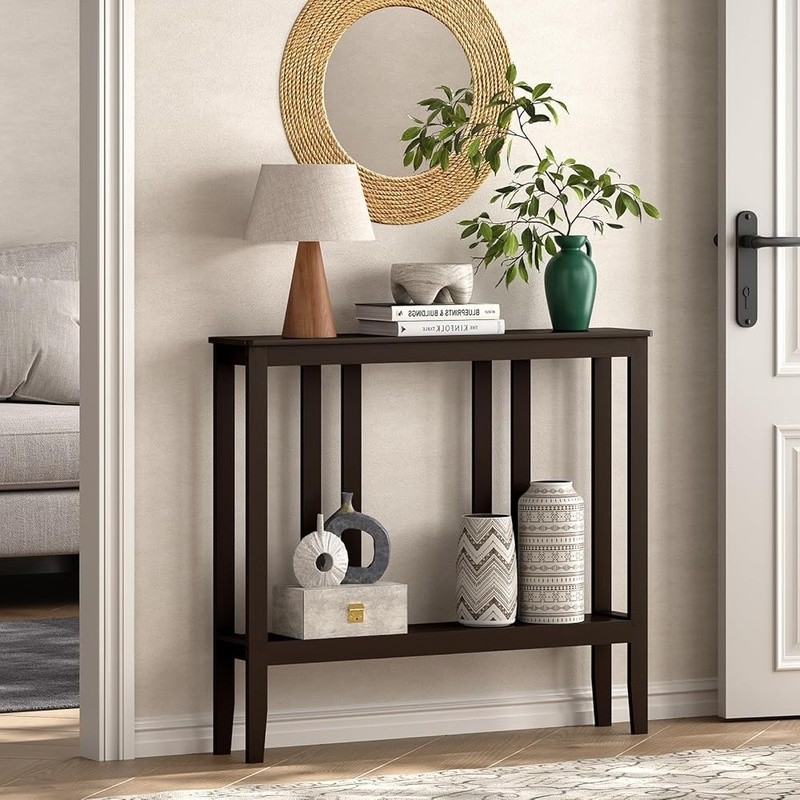 Compact Bamboo Hallway Table 2-Tier Storage Console Entryway Space Saver New