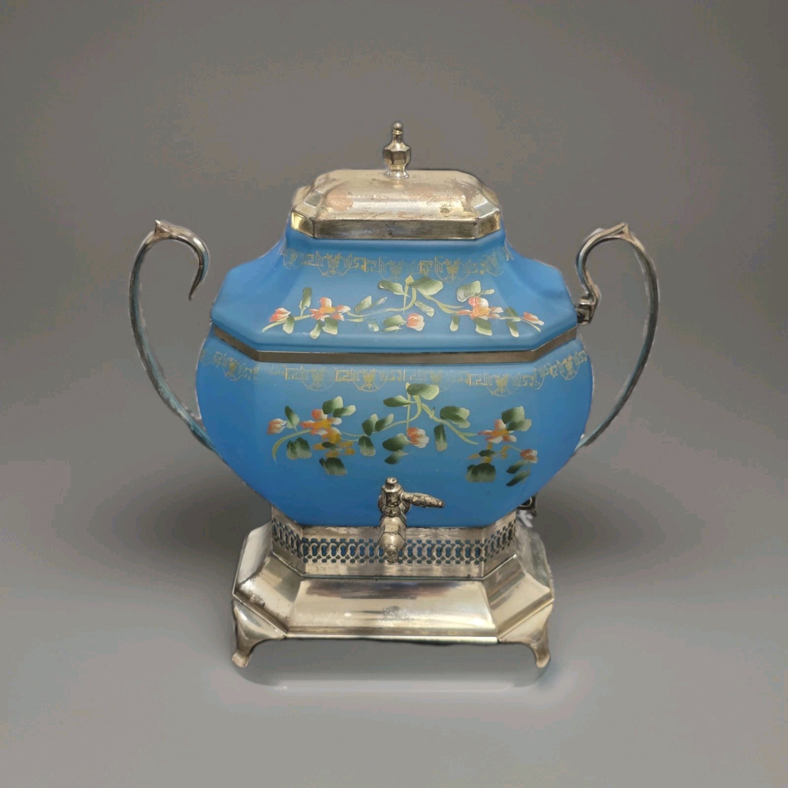 Century Silver Plate Company Blue Glass Hand Painted Samovar Patent Sept 28 1926