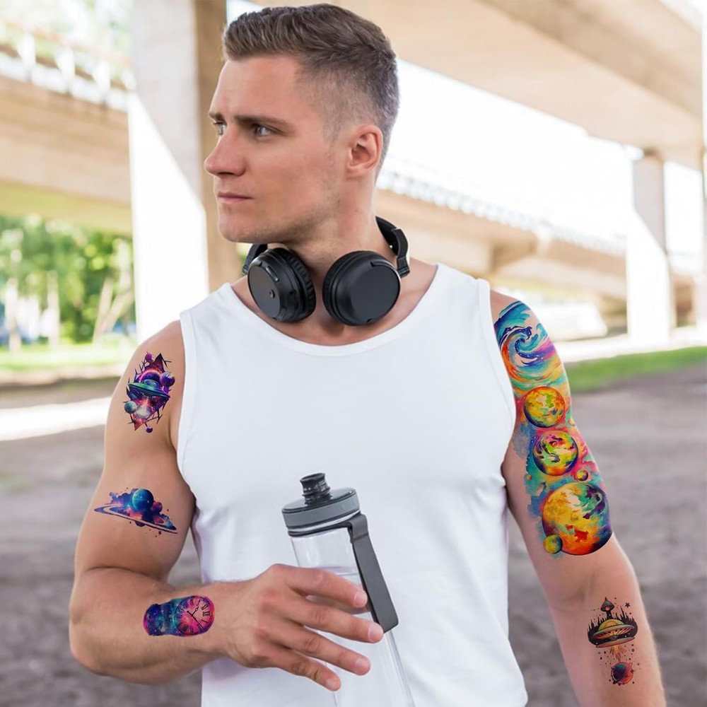 77 Sheets Temporary Tattoo, 17 Space Planet Medium, Tiny, Colorful