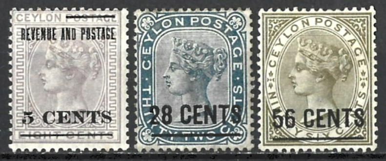 CEYLON QV 1885 SURCHARGE VALUES X 3 MINT