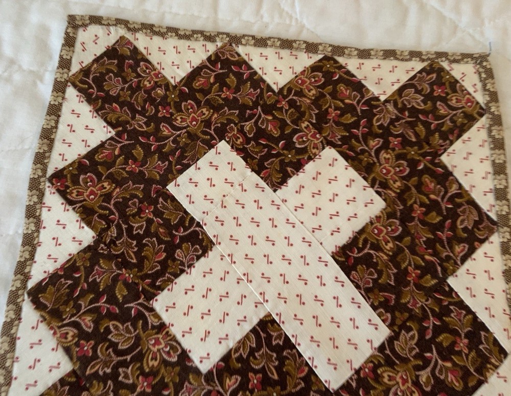 Antique Patchwork Quilt Table Topper Or Doll Quilt, Signature Patch, Brown