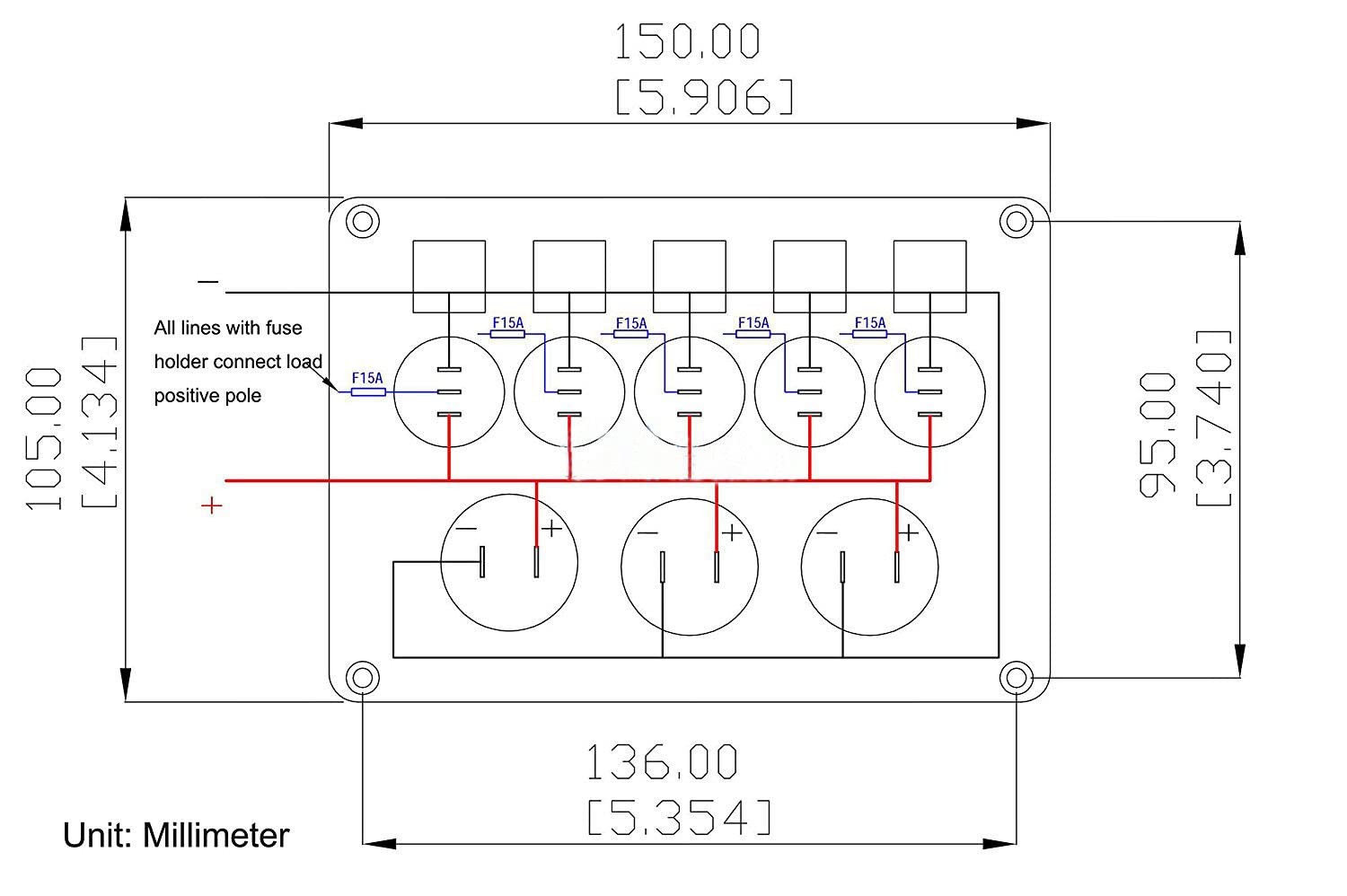 Upgrade Blue 5 Gang Marine Boat Rocker Switch Panel Circuit Breakers,