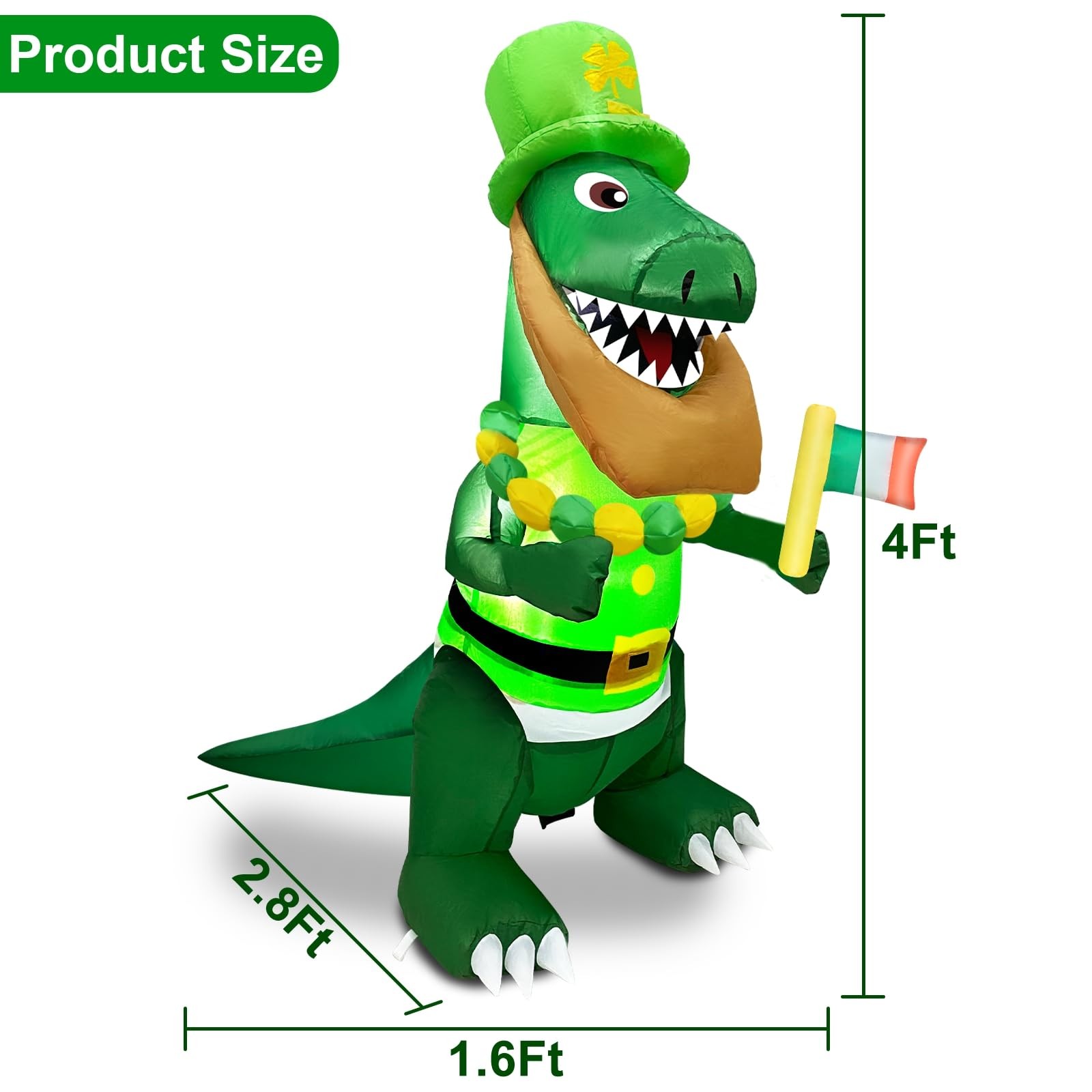 4FT Dinosaur St. Patricks Day Inflatables Decorations Outdoor Blow Up Dinosau...