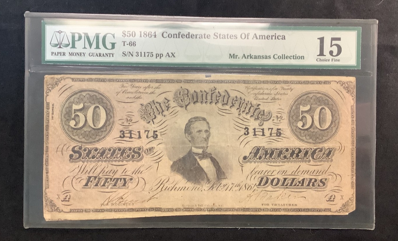 1864 $50 Confederate States Of America Fr# T-66 PMG CF15 Mr. Arkansas Collection