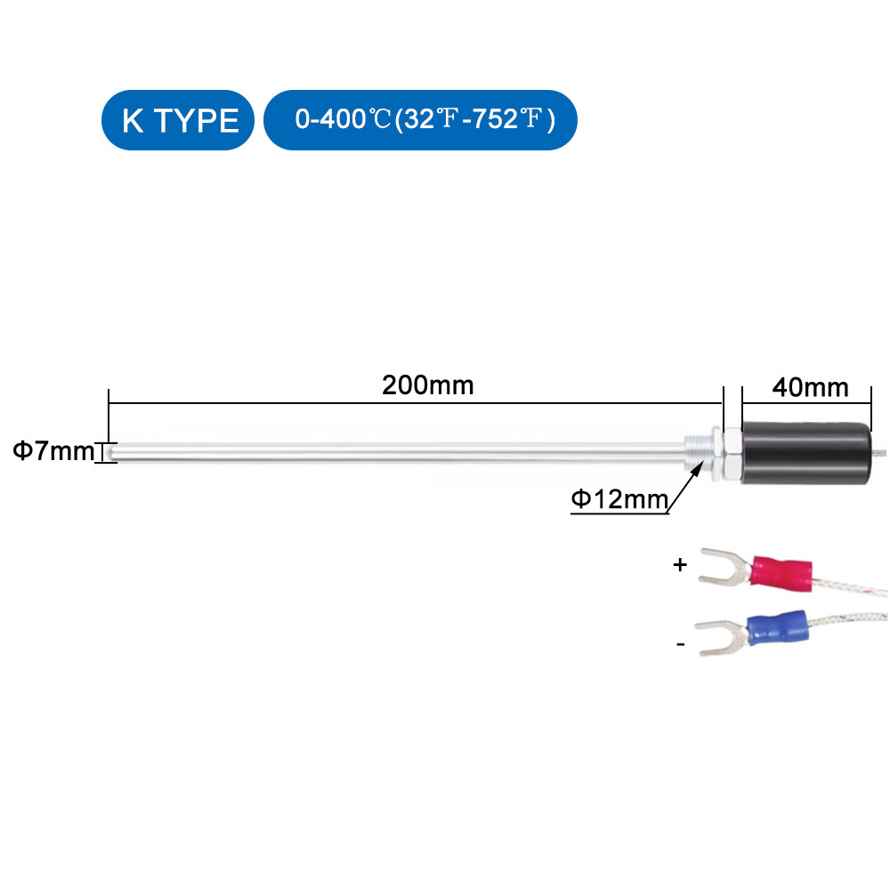 Thermocouple Temperature Sensor K Type 1-5m Cable 200mm Probe Handle 400℃ 752℉