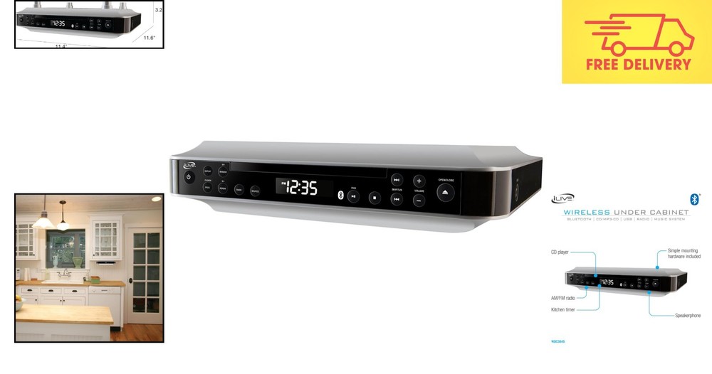 iKBC384S Under Cabinet Bluetooth Radio with Clock - Modern Kitchen Essential