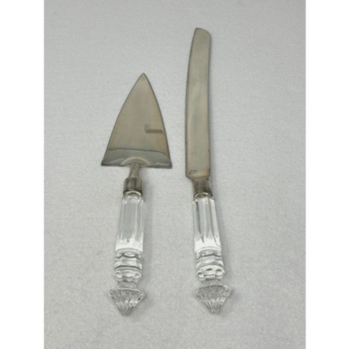 Silver Cake Knife & Server Set Clear Crystal Handles Wedding Party Serving
