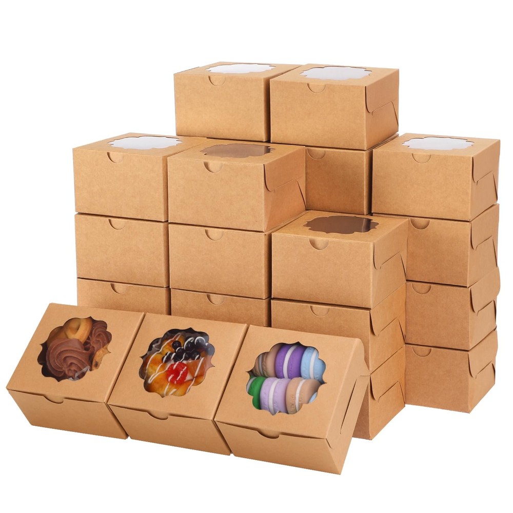 100pcs 4x4x2.5 Small Cookie Boxes, Mini Dessert Boxes with Window for Cupcake...