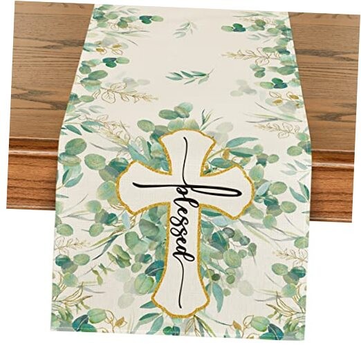 Blessed Cross Eucalyptus Table Runner, Spring 13" x 72", Table Runner Green