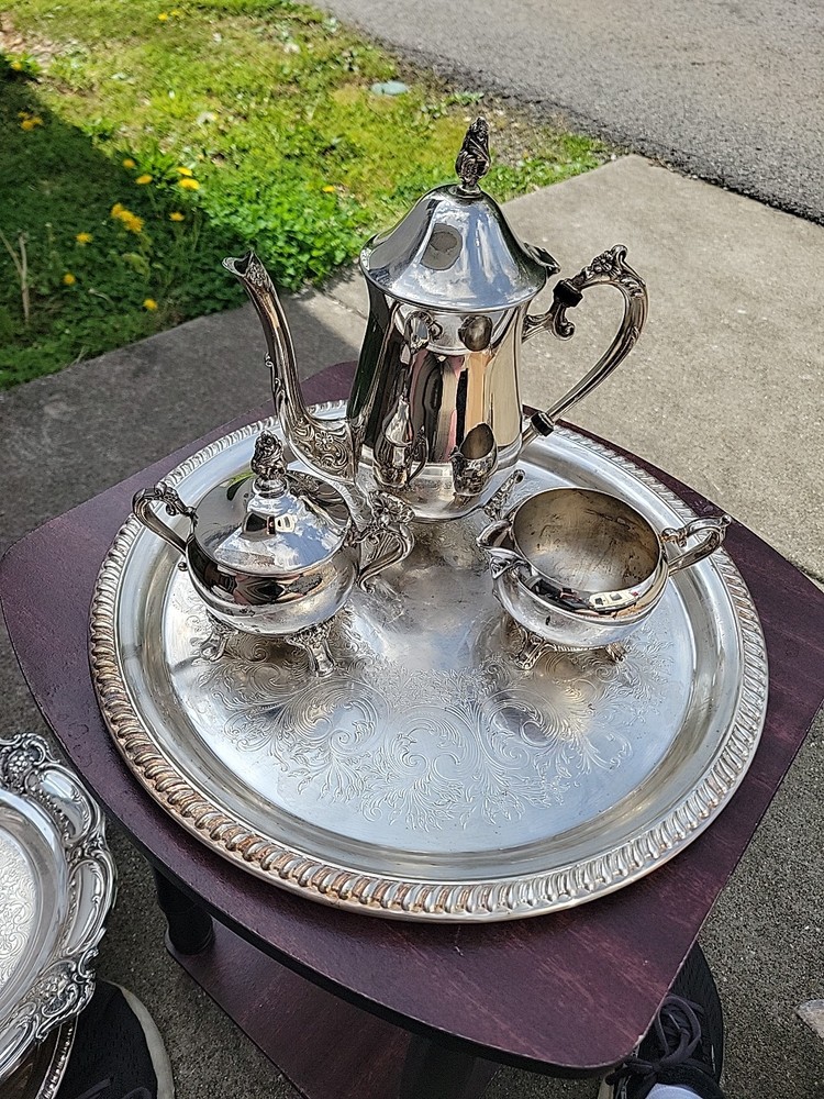Vintage Sheridan Silversmiths  tea set 14" Tray 10” Teapot Creamer Sugar Bowl