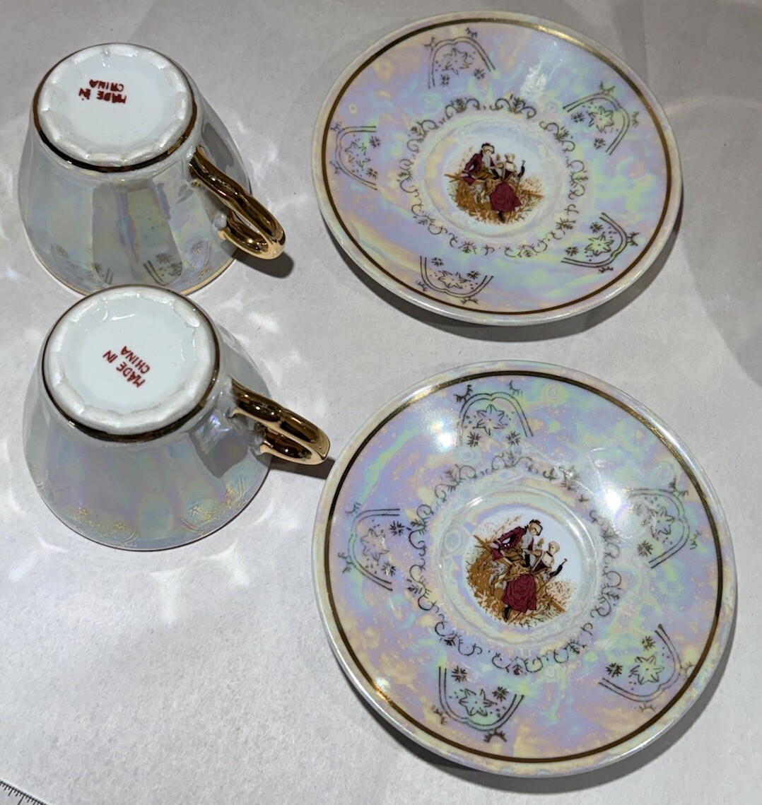 Romeo And Juliet Tea Pot 4 Tea Cups 4 Saucers Gold Trim Handles Iridescent White