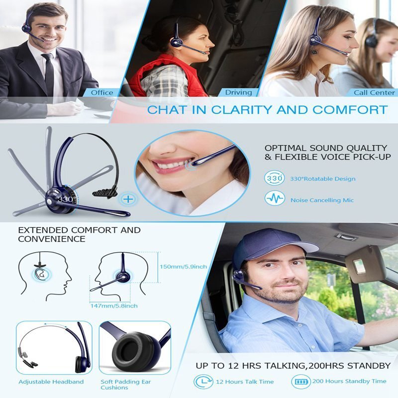 Mpow Pro Trucker Bluetooth Headset Wireless Headphones Over Head Earpiece Driver