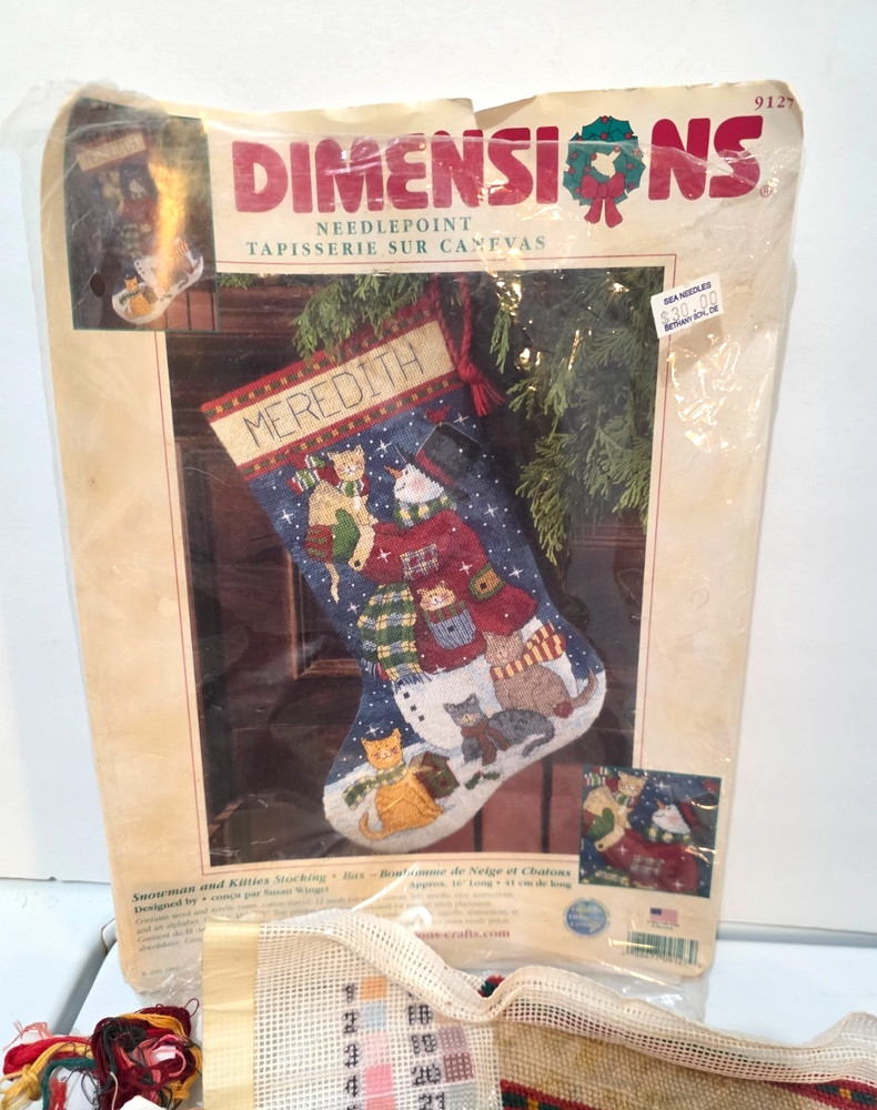 Christmas Dimensions Needlepoint Stocking SNOWMAN & KITTIES Winget Started Kit