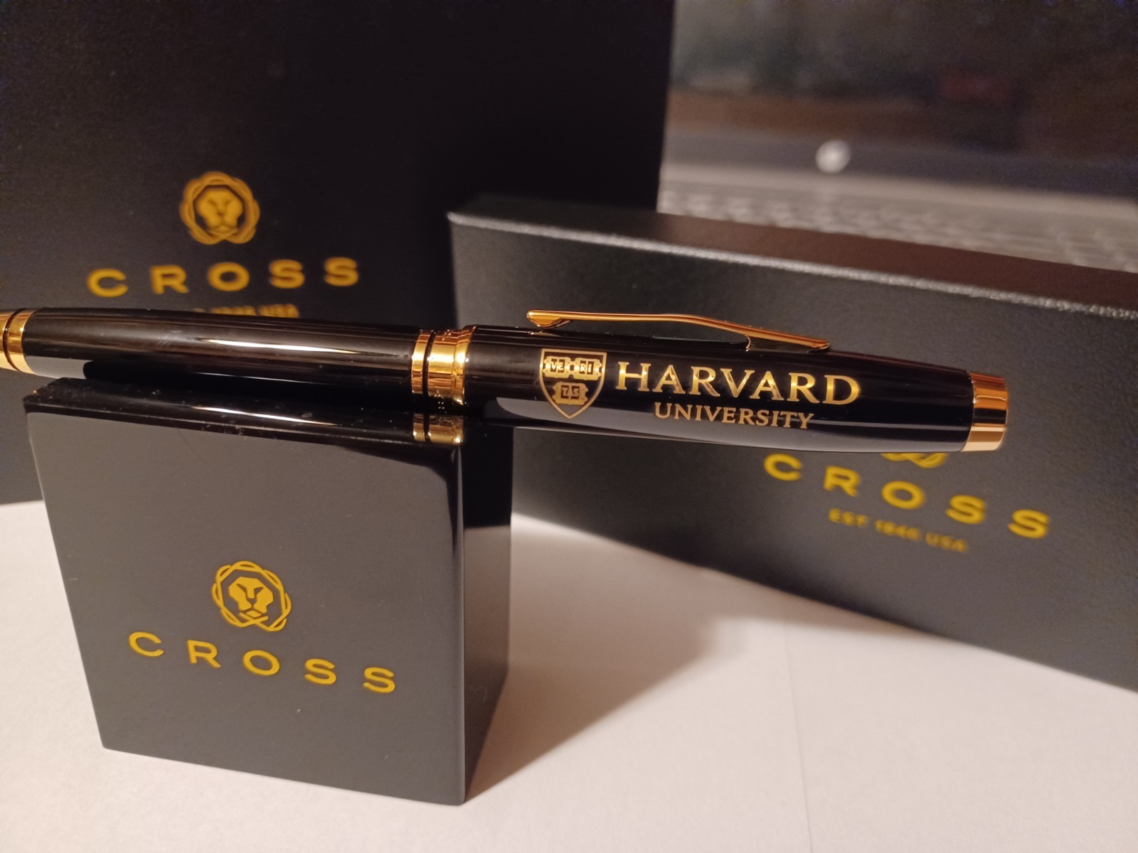 HARVARD UNIVERSITY CROSS BLACK 23KT GOLD BALLPOINT PEN $120 STUDENT COLLEGE GIFT