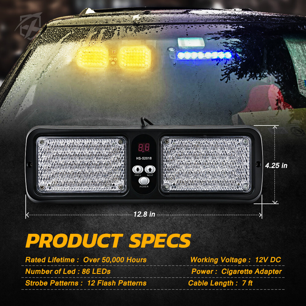 Xprite Amber/Yellow 86 LED Strobe Light Sunshield Visor Mount Emergency Warning