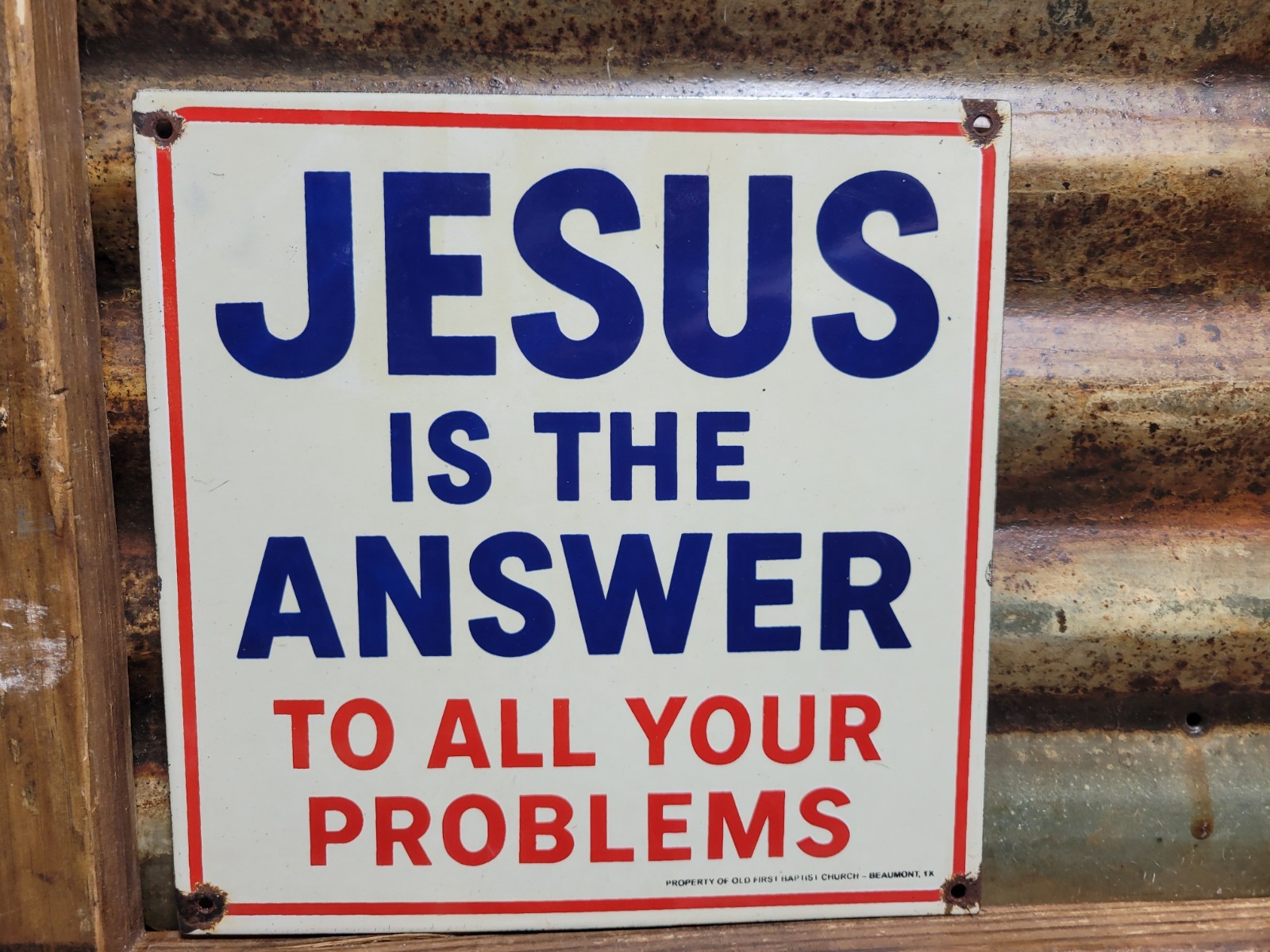 VINTAGE JESUS PORCELAIN SIGN OLD BAPTIST CHURCH RELIGIOUS BIBLE BEAUMONT TX GOD