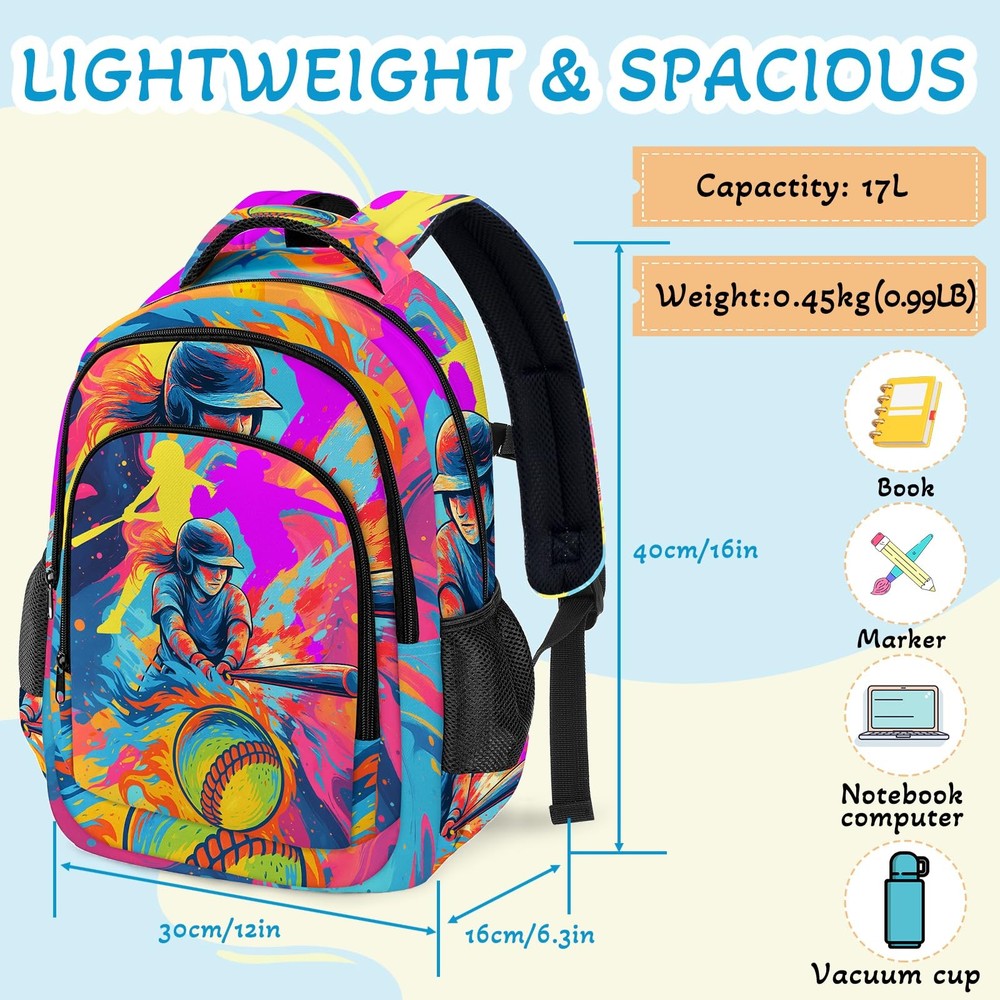 Softball Backpack for KidsSchool Bookbag Large Capacity Adjustable Bookbag Du...